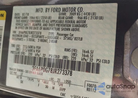 2018 Ford Fusion S z USA, uszkodzony, nr VIN 3FA6P0G78JR273378